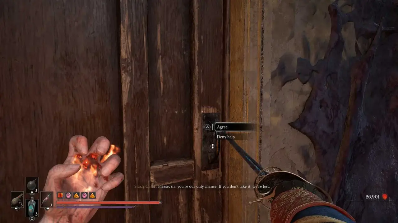 Dialogue options to accept or refuse the sickly child’s request
