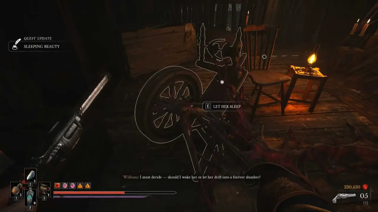 The spinning-wheel interaction beside the sleeping daughter