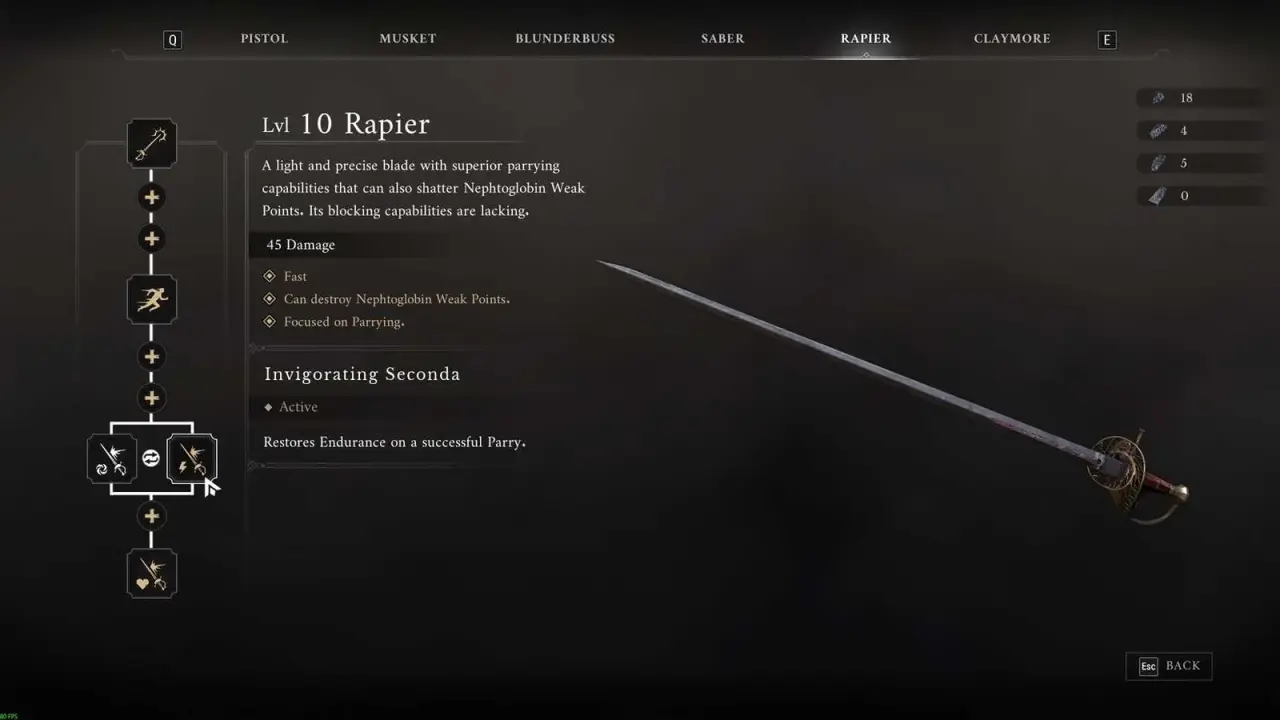 Level 10 Rapier and its upgrade tree in the weapon menu