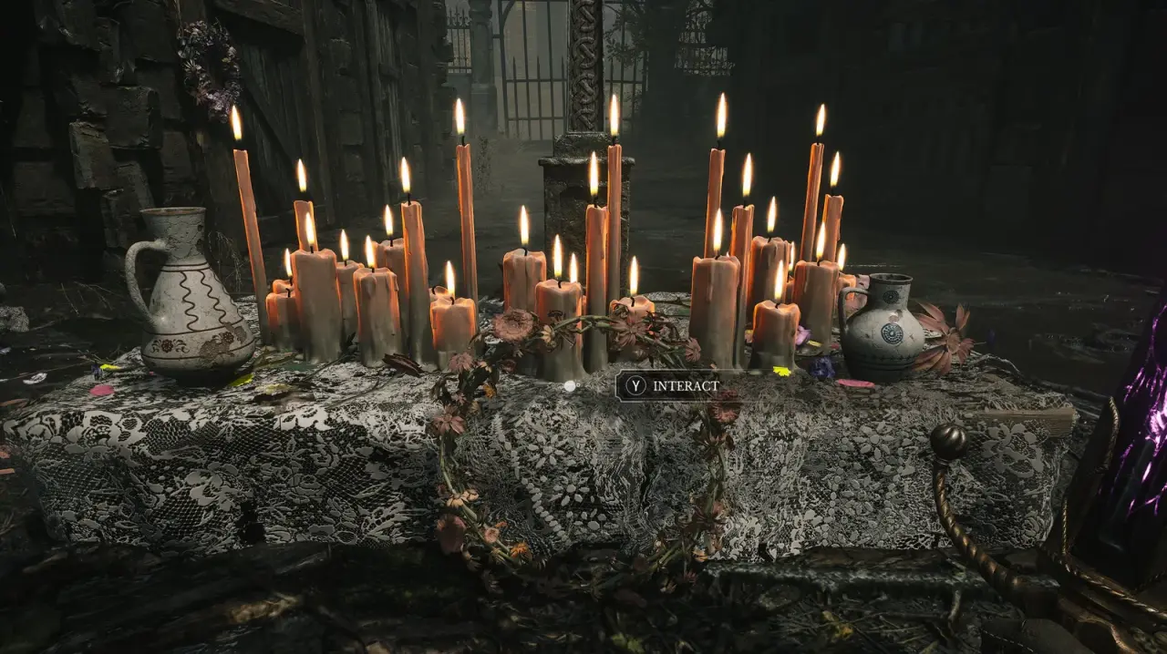 The flowered wreath and its final interaction prompt at the altar