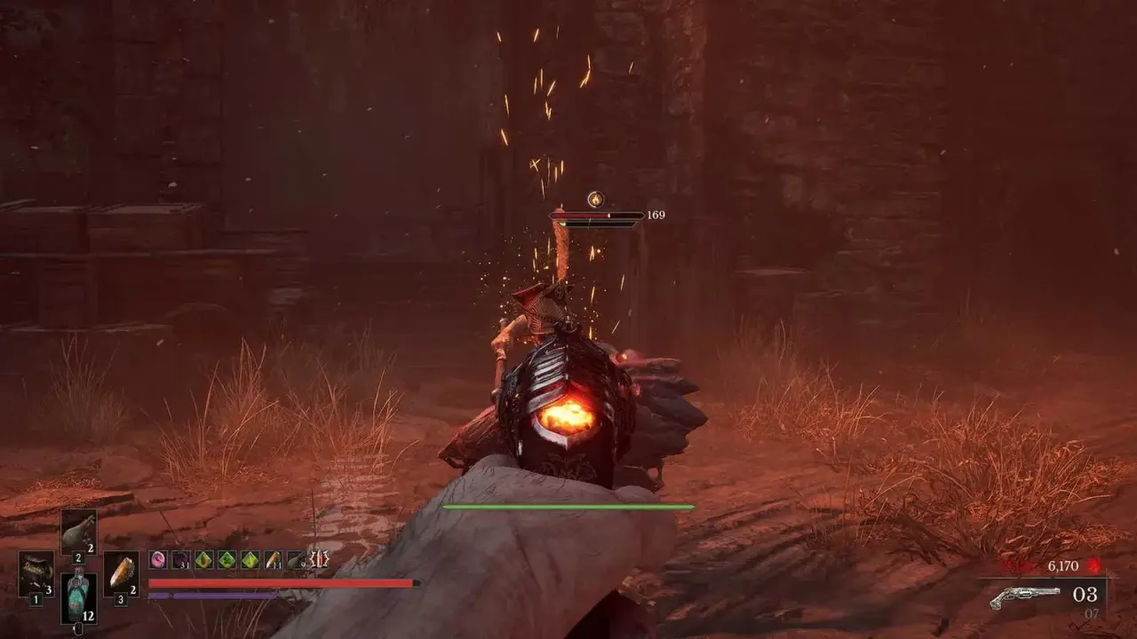 Aiming the glowing Pistol at an enemy carrying a fire-status icon.
