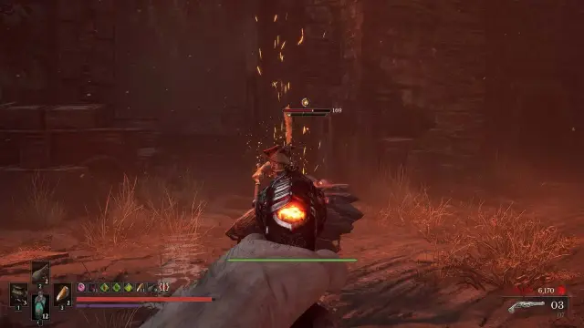 Aiming the glowing Pistol at an enemy carrying a fire-status icon.