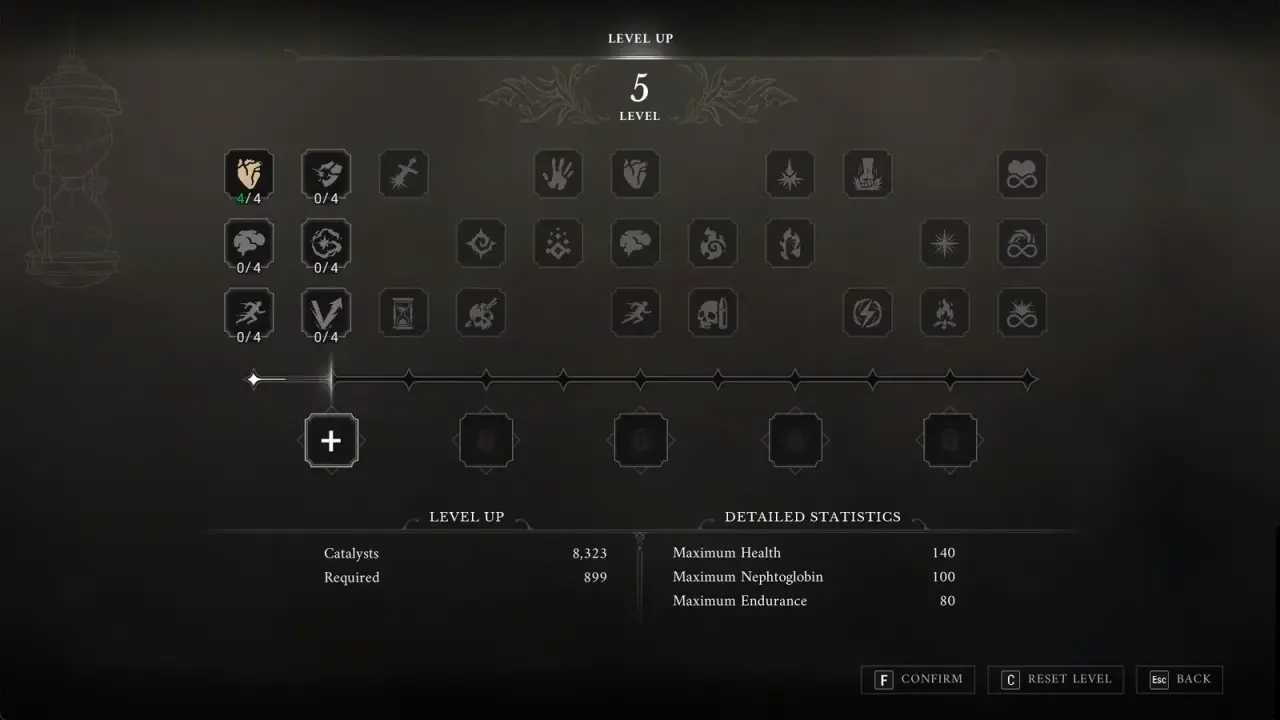 Valor Mortis LEVEL UP screen with the first Amber slot open and showing a plus
