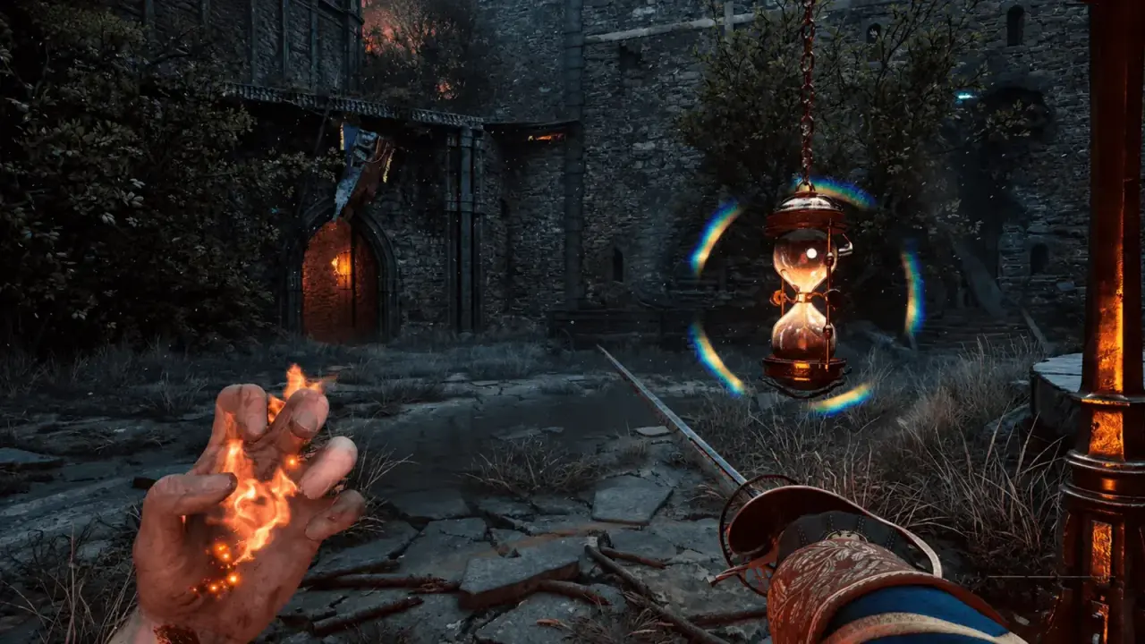 A glowing Lantern in a stone courtyard
