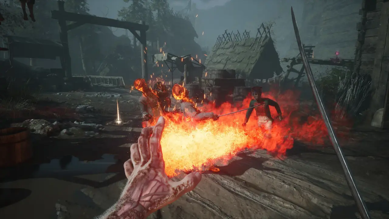 William projects flames from his corrupted left hand at soldiers in a ruined settlement