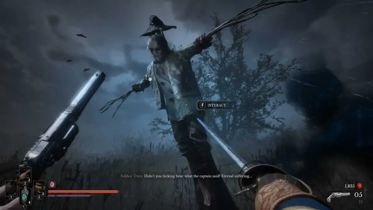 A man tied to the scarecrow post in the Fallen Village field