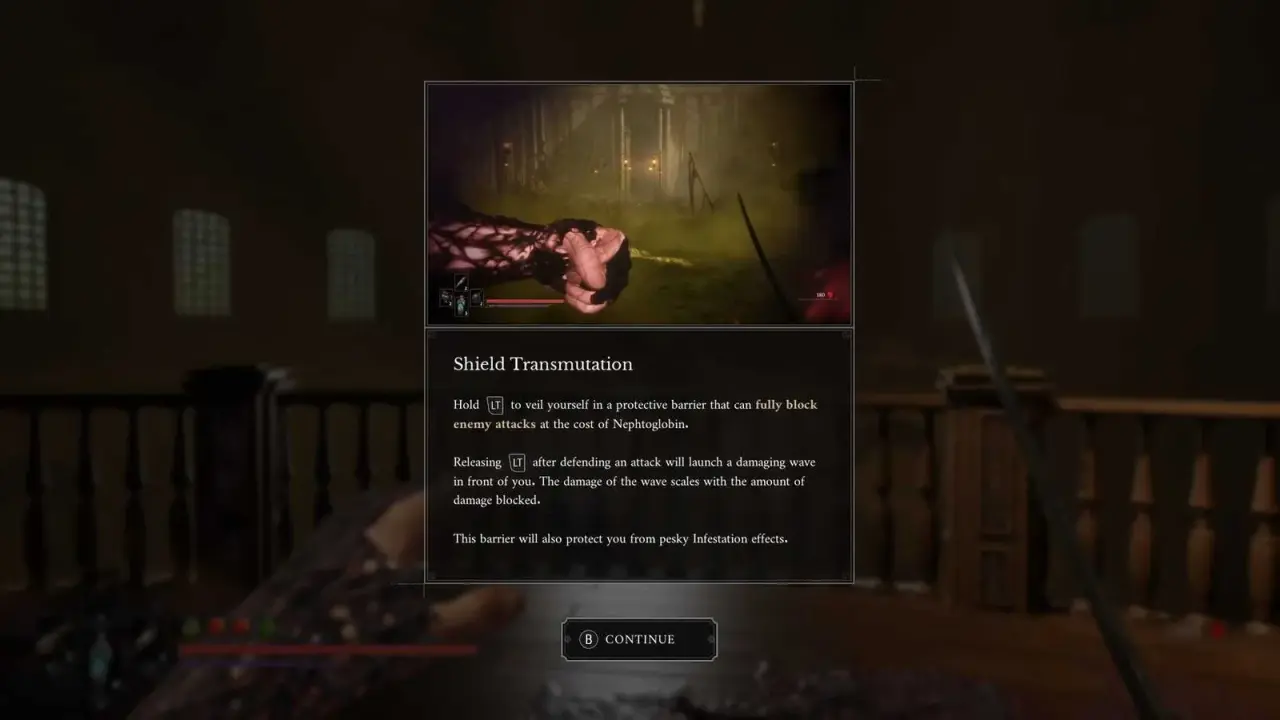 Shield Transmutation tutorial screen showing William protected in a poisonous area