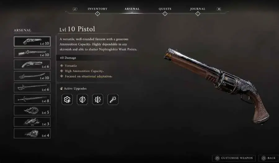 Valor Mortis arsenal screen listing multiple weapons with the Pistol selected