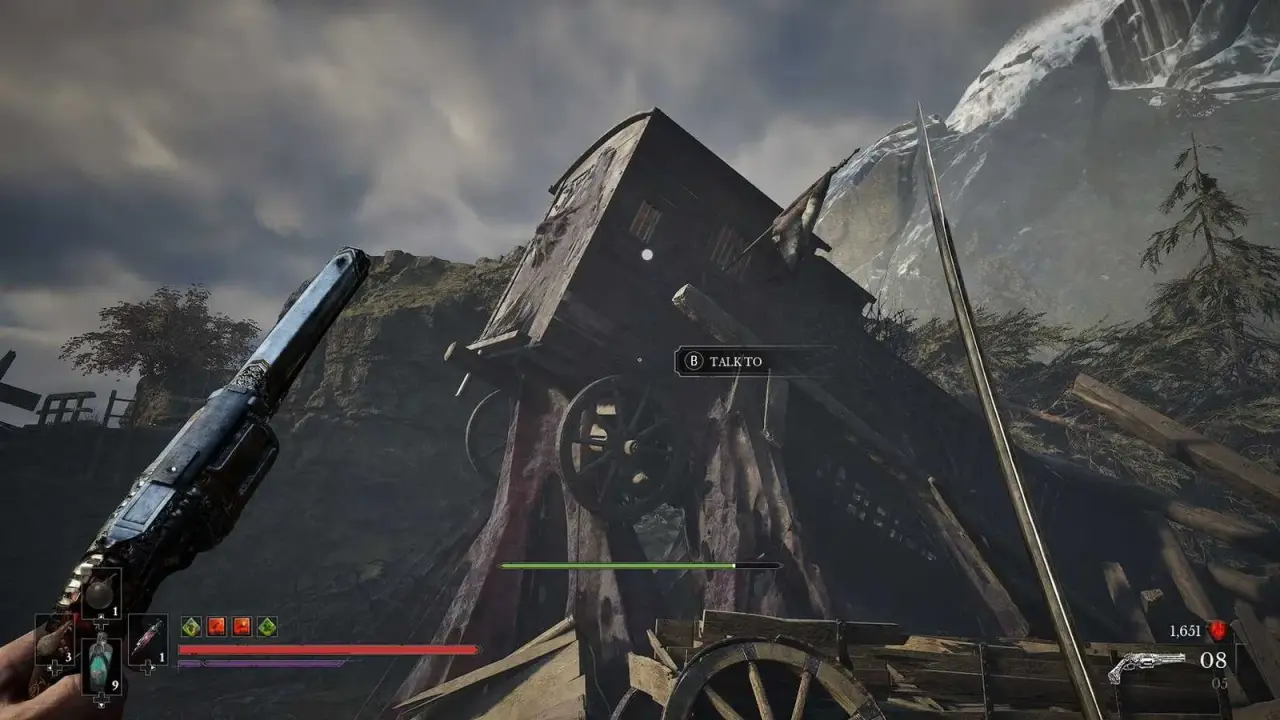 Officer seated in the raised carriage; tent-like carriage dominates the frame and identifies the quest start.