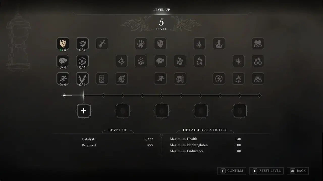 Amber upgrade information in the game menu