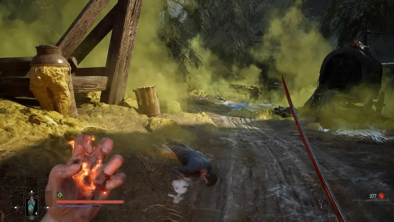 Green poison cloud beside the abandoned carriage route; clear environmental gate tied to the quest.