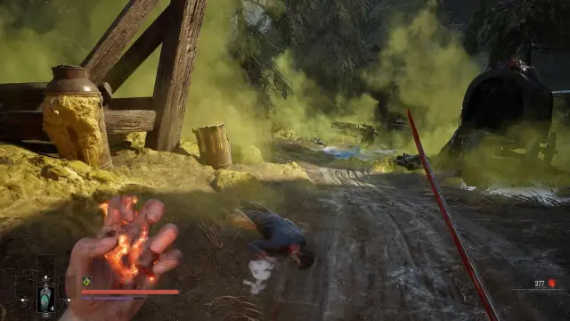 Green poison cloud beside the abandoned carriage route; clear environmental gate tied to the quest.