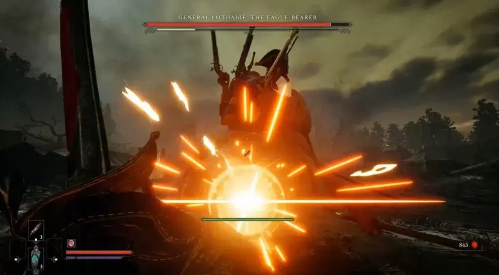 William parrying General Lothaire in a burst of orange sparks