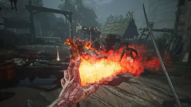 William projects fire from his left hand at two enemies while carrying a sword.