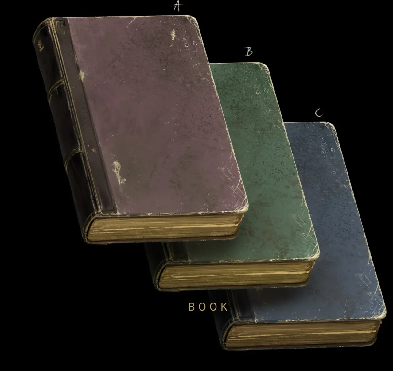 Official concept artwork of three cloth-bound books