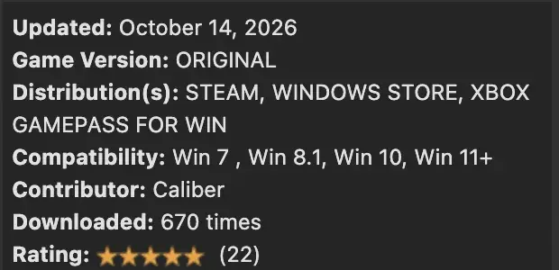 Version and platform labels on a third-party trainer listing