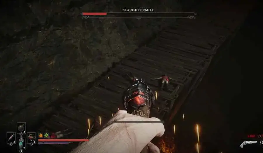 William aiming downward at infected enemies on the next landing platform