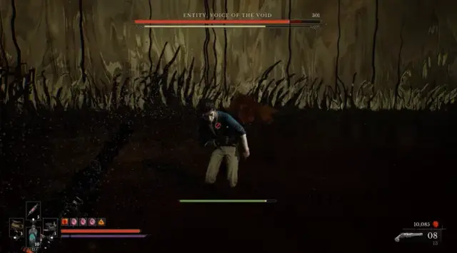 The Entity resembles William and crouches in black tendrils and shallow water.