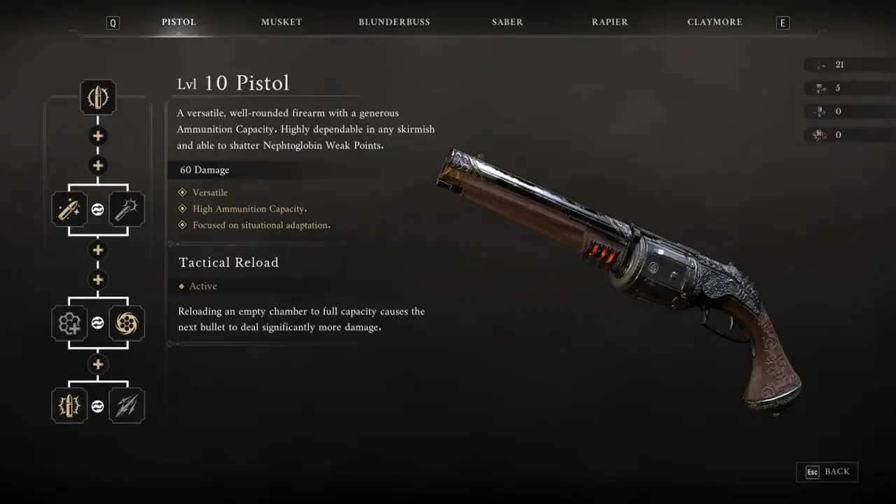 Valor Mortis Pistol upgrade interface showing Tactical Reload
