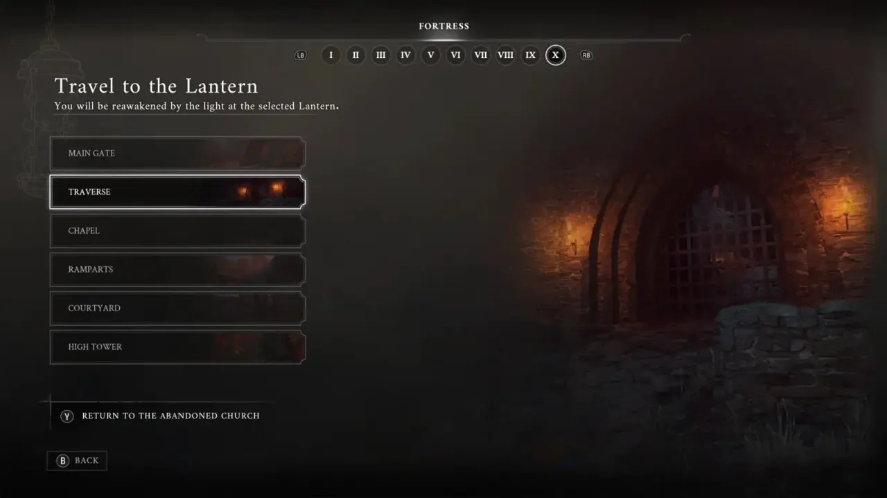 Traverse selected on the Fortress Lantern travel screen