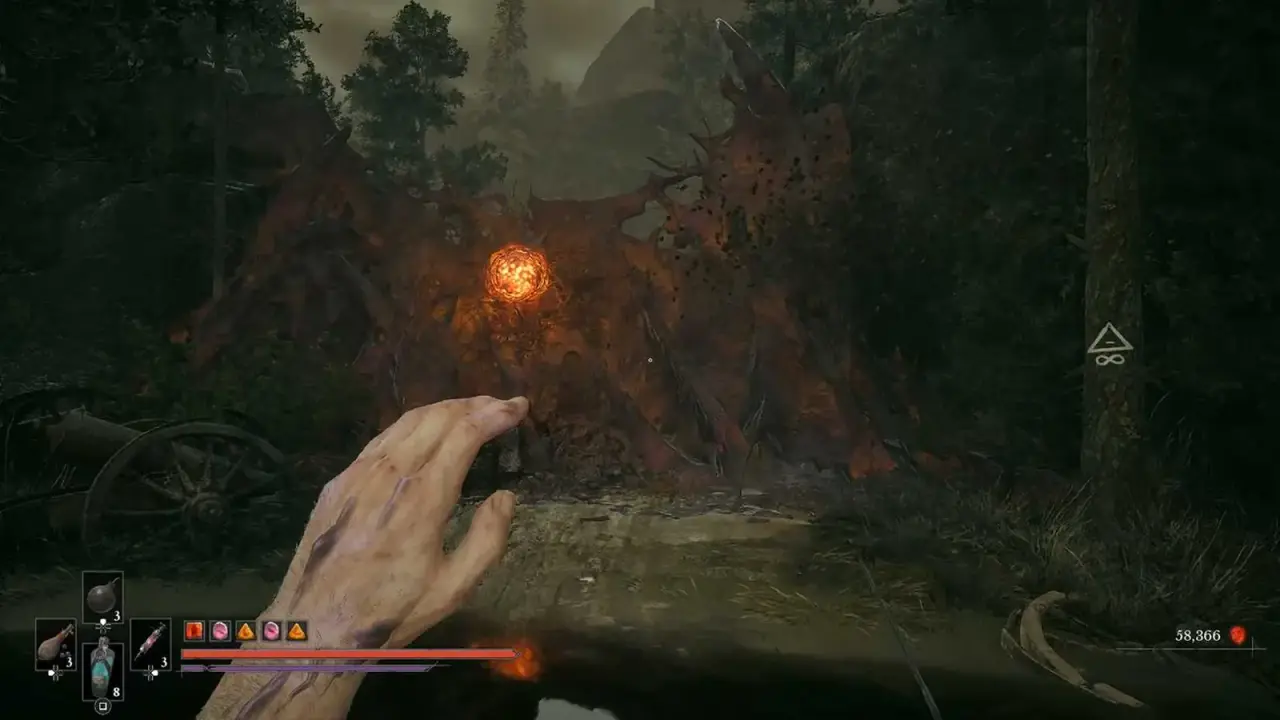 Glowing orange weak point on the wooded Battlefield approach to the guard; clean environmental focal point and no item p