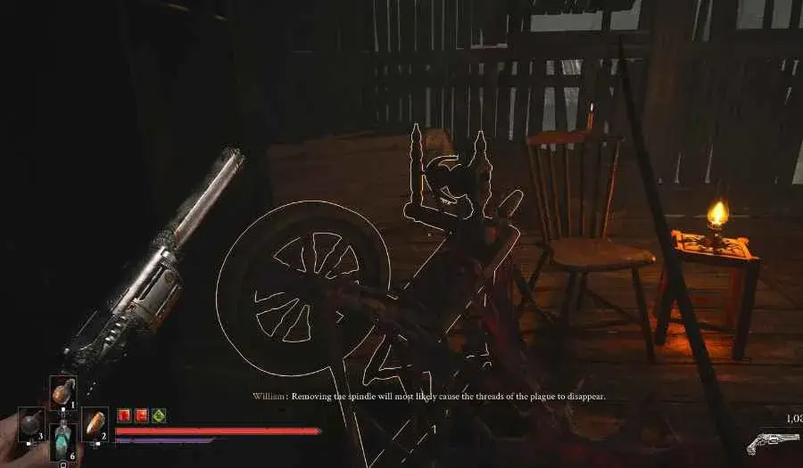 Spinning wheel in the upstairs room for Sleeping Beauty