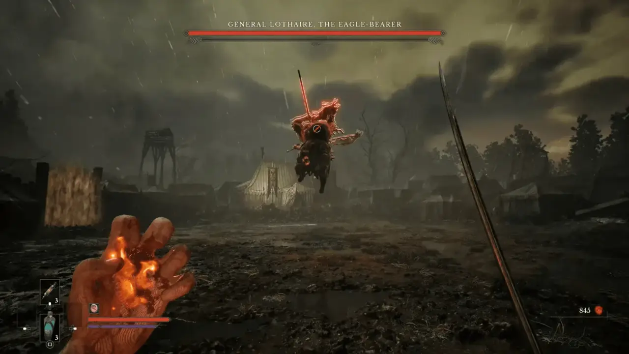 General Lothaire airborne above the battlefield with his weapons visible