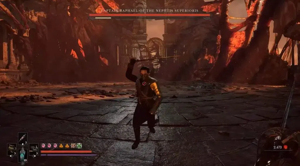 Captain Raphael raising his sword in a ruined Fortress courtyard with red cracks