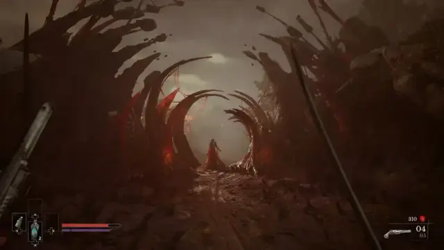 An exploration route beneath crimson growths