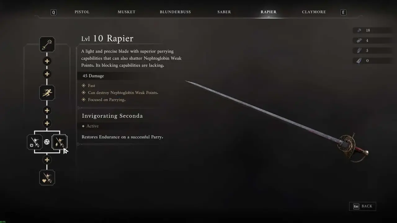 Rapier weapon upgrades in the equipment menu