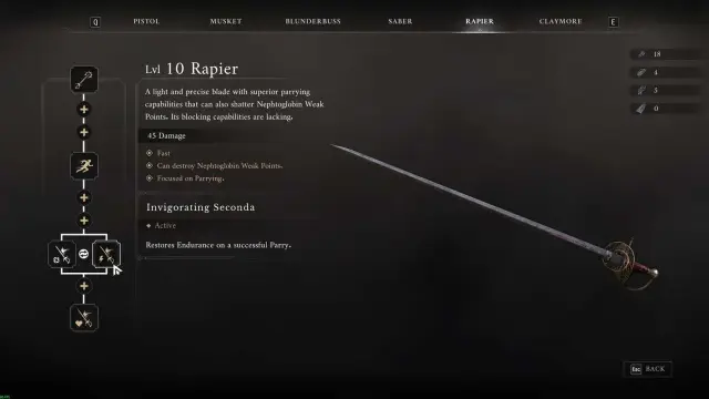 Rapier weapon upgrades in the equipment menu