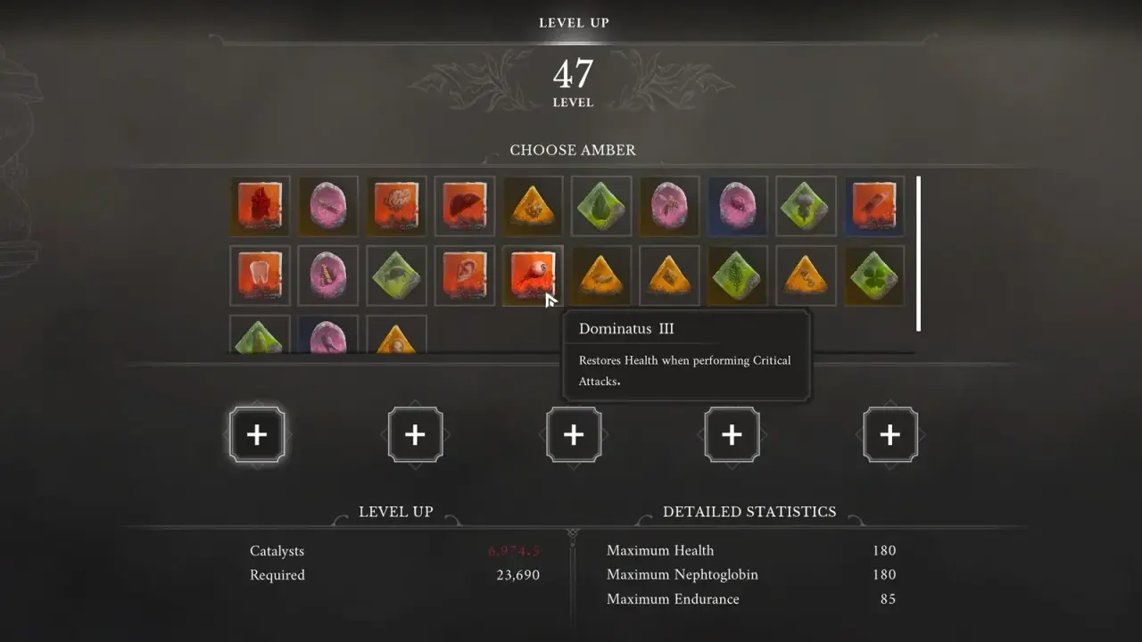 Amber selection grid in the Level Up menu