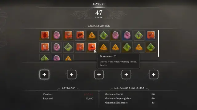 Amber selection grid in the Level Up menu