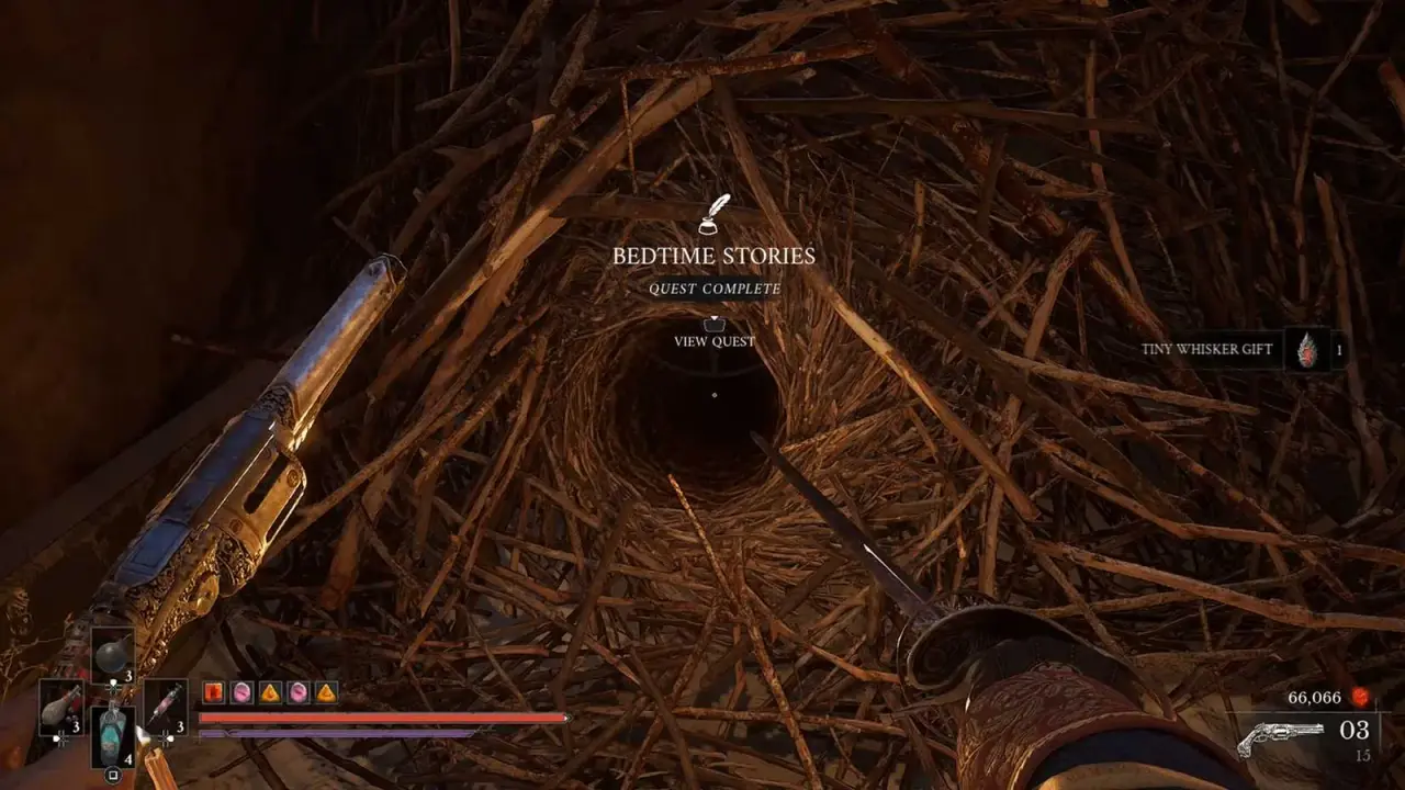 Bedtime Stories quest-complete notification and Tiny Whisker Gift pickup