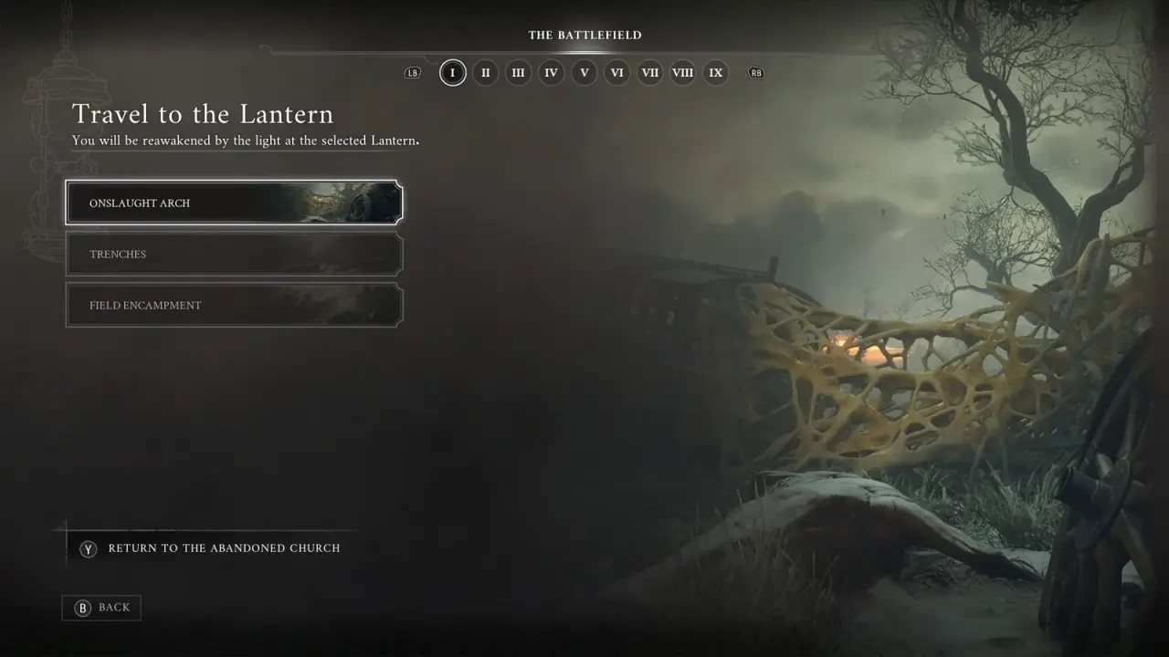 Valor Mortis fast-travel menu listing regions and Lantern destinations