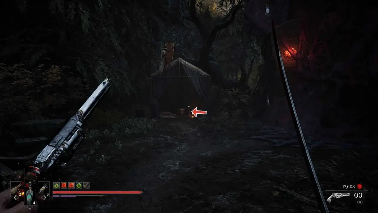A tent and chest along the dark hidden-camp route for Perfect Copy