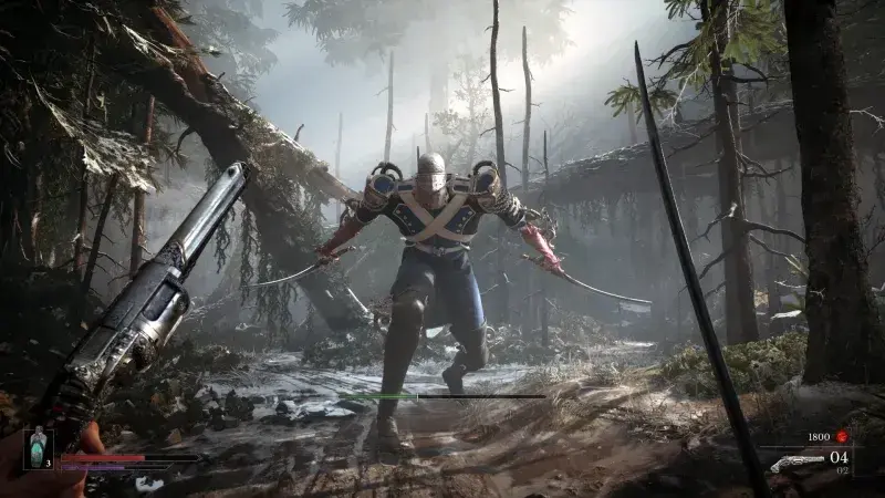 A dual-blade armored soldier advances through a ruined woodland