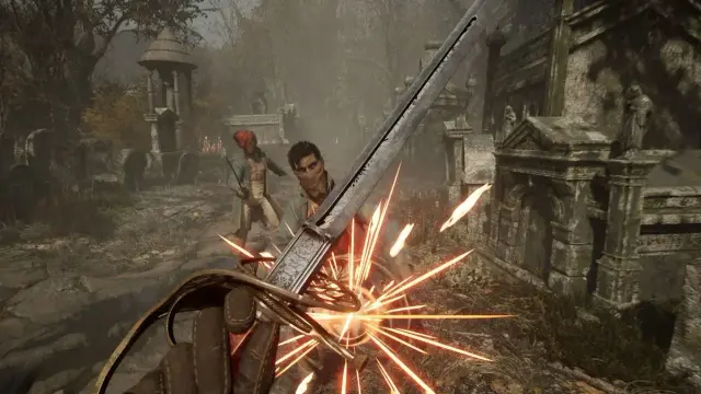 Crossed blades meet in a burst of sparks