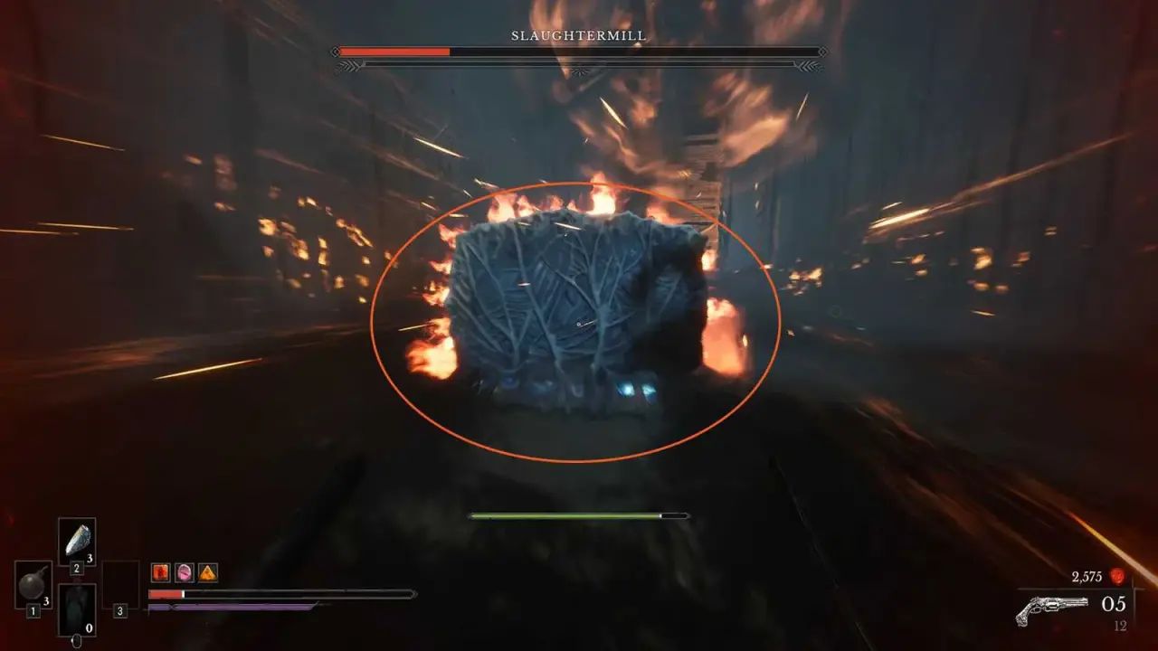 A raised blue environmental wall shielding the player from Slaughtermill's fire