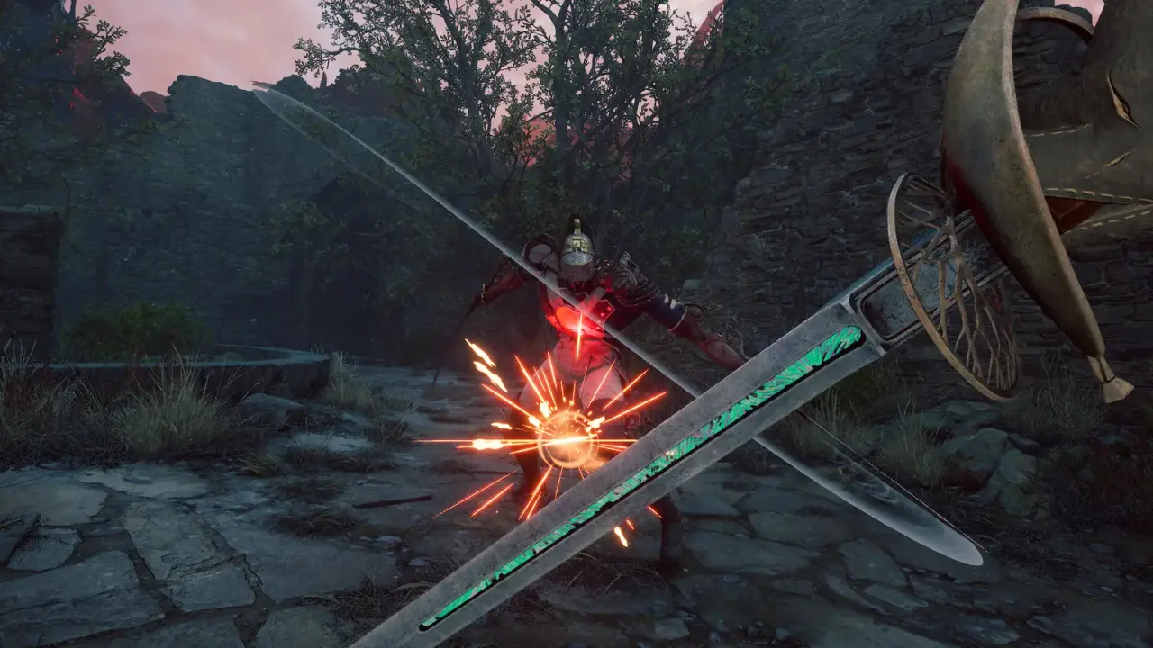 Two blades meet in a close first-person clash against an armored soldier