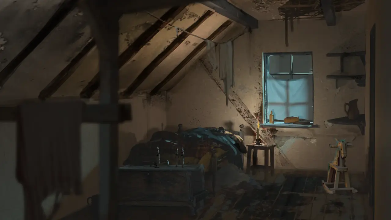 Official concept artwork of a furnished attic bedroom
