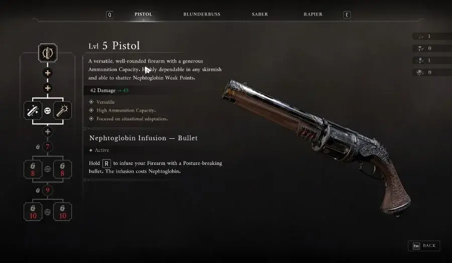 Early-game Valor Mortis weapons including the Saber, Pistol, and Blunderbuss