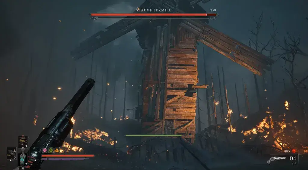 Slaughtermill’s wooden windmill fills the center of the burning forest arena.